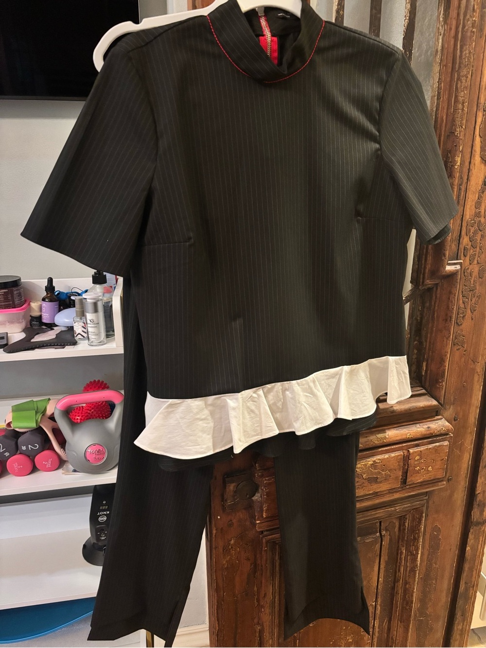 Zara Black Pinstripe Top & Wide-Leg Pants with White Ruffle